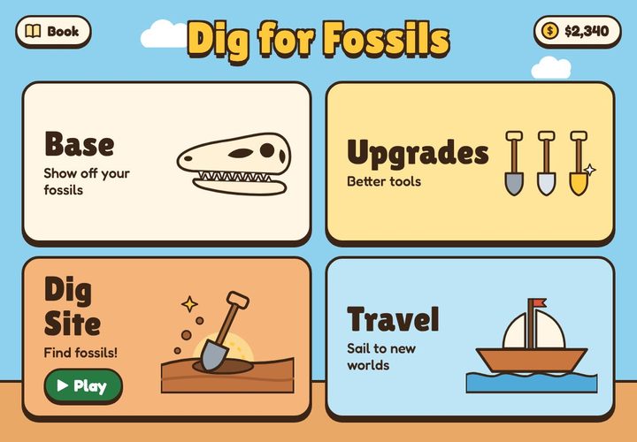 Dig for Fossils main menu: Base, Upgrades, Dig Site, and Travel